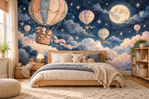 Watercolor Moonlit Flight Hot Air Balloon Wall Mural, image 2