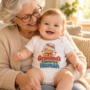 Baby wearing the Grandma's Favorite Human baby bodysuit