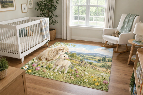 Lamb Meadow Farm area rug in a calm nursery with a white crib