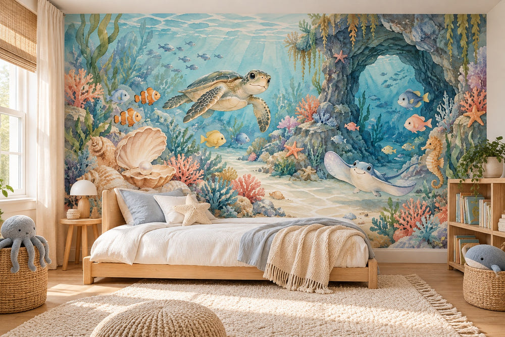 Watercolor Treasure Cove Ocean Wall Mural, image 1