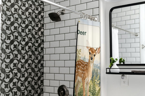 D is for Deer Alphabet shower curtain in a modern farmhouse bathroom with subway tile