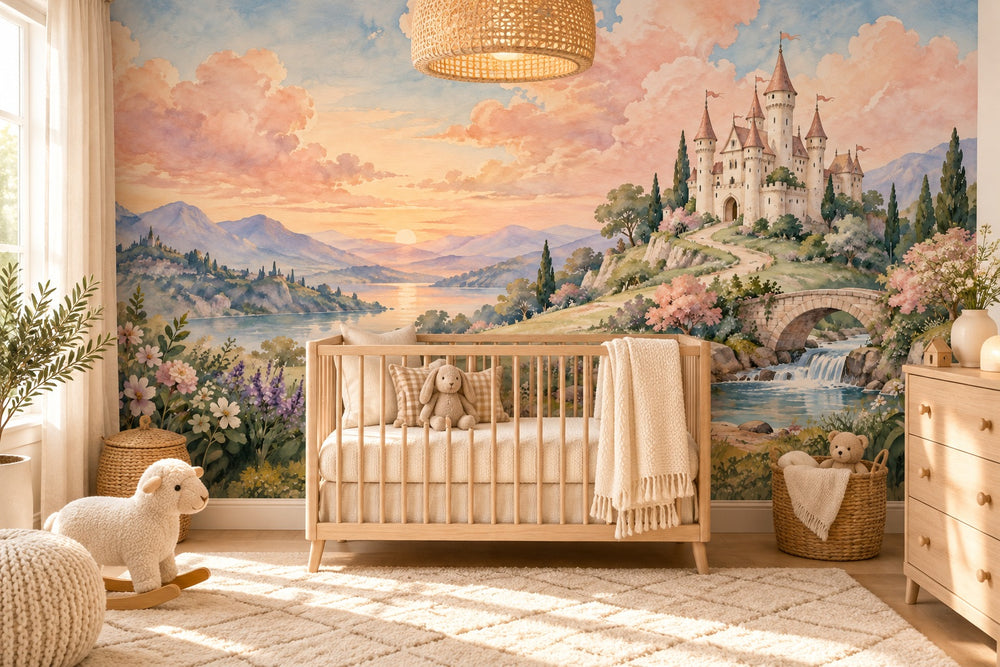 Watercolor Hilltop Castle Fairy Tale Wall Mural, image 1