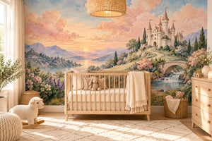 Watercolor Hilltop Castle Fairy Tale Wall Mural, image 1
