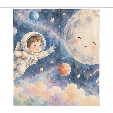 Astronaut and Moon shower curtain, full front view of the 71 x 74 in fabric curtain