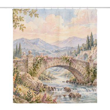 Castle Bridge Fairy Tale shower curtain, full front view of the 71 x 74 in fabric curtain