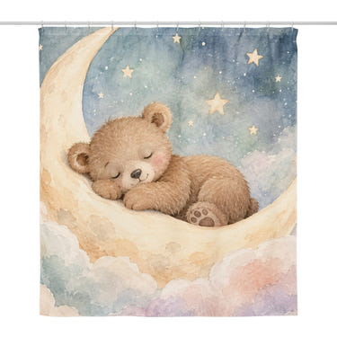 Moon Bear shower curtain, full front view of the 71 x 74 in fabric curtain