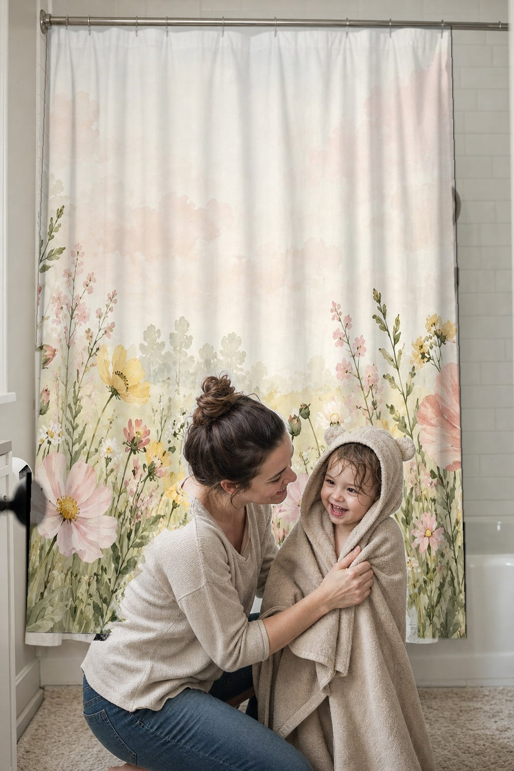 Poppy Meadow shower curtain, full front view of the 71 x 74 in fabric curtain
