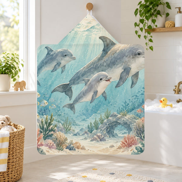 Dolphin Family Ocean kids hooded bath towel hanging in a kids bathroom