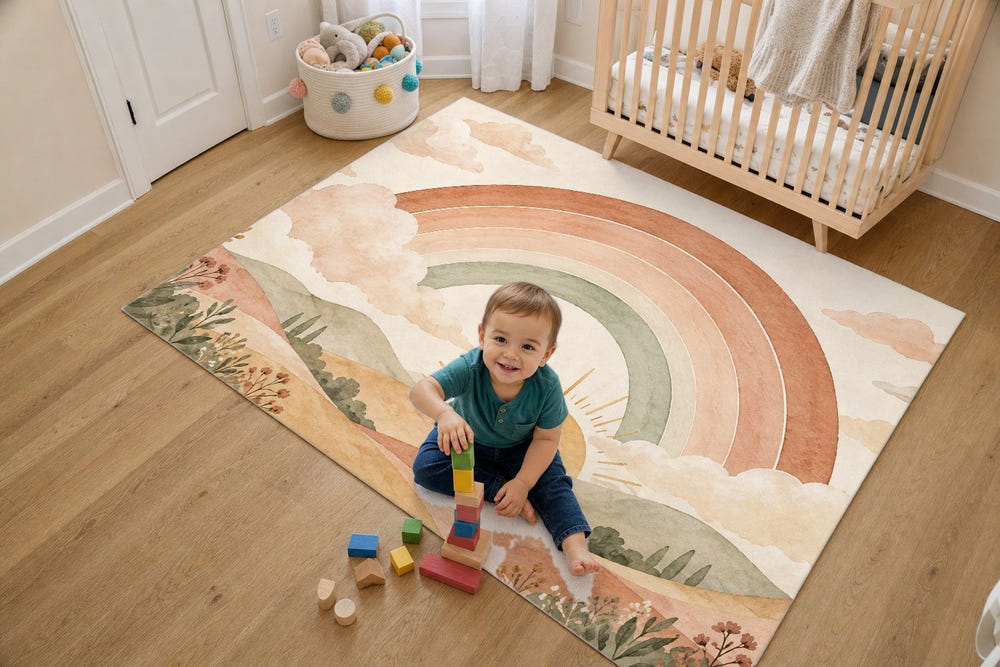 Rainbow Sunrise Hills kids rug, full view of the printed design