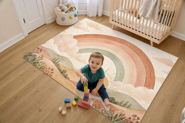 Toddler stacking blocks on the Rainbow Sunrise Hills kids rug in a bright bedroom