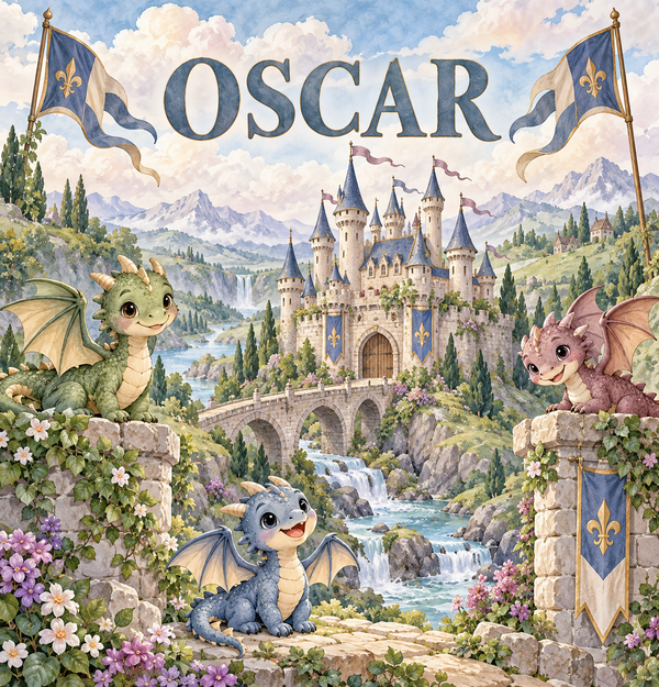 Dragon Castle watercolor artwork with the name Oscar