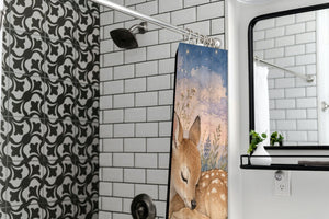 Resting Deer shower curtain in a modern farmhouse bathroom with subway tile