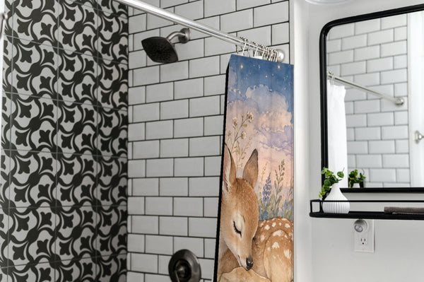 Resting Deer shower curtain in a modern farmhouse bathroom with subway tile