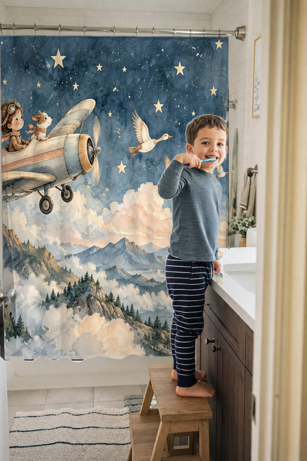Child brushing teeth in a family bathroom with the Moonlit Flight shower curtain