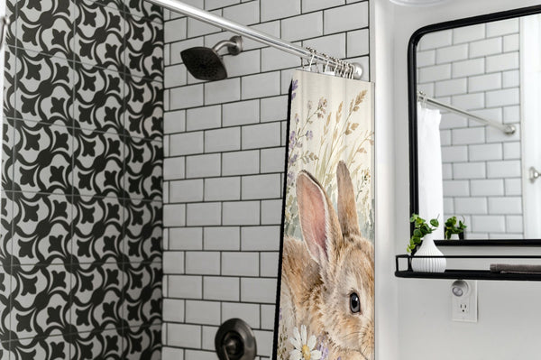 Lavender Bunny shower curtain in a modern farmhouse bathroom with subway tile