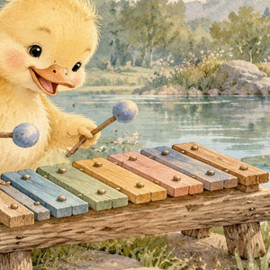 Duckling Xylophone shower curtain, close up of the watercolor artwork