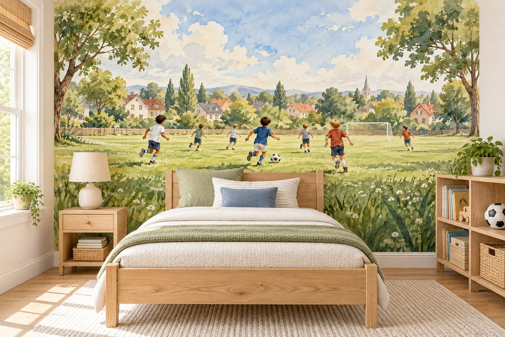 Watercolor Kids Playing Soccer Wall Mural, image 1