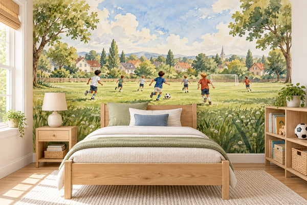 Watercolor Kids Playing Soccer Wall Mural, image 2