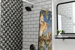 Owl Flute shower curtain in a modern farmhouse bathroom with subway tile