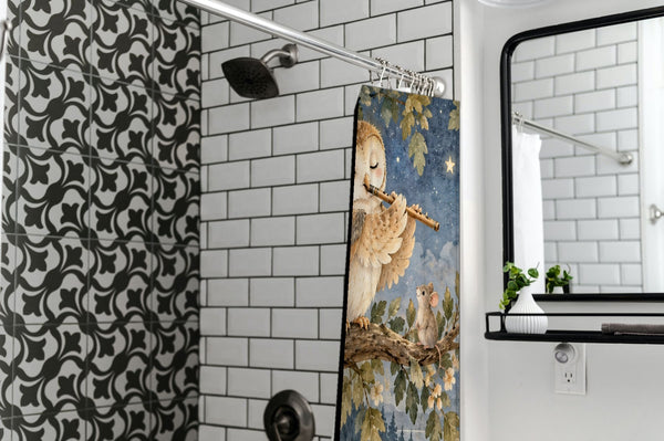 Owl Flute shower curtain in a modern farmhouse bathroom with subway tile