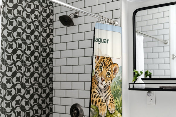 J is for Jaguar Alphabet shower curtain in a modern farmhouse bathroom with subway tile
