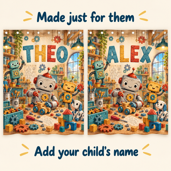 Add your child's name to the Robot Workshop shower curtain
