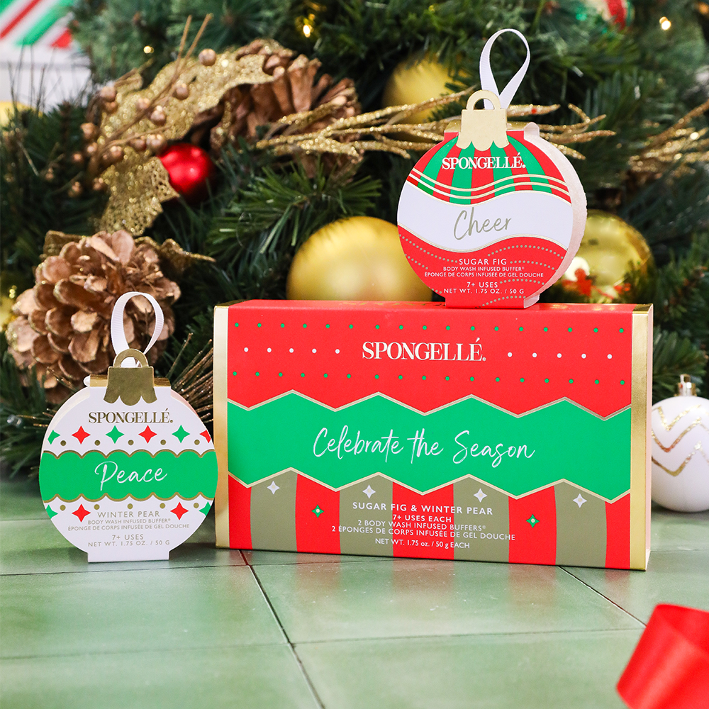 "Celebrate the Season Holiday Ornament Gift Set - Body Wash Infused Buffer for a festive bathing experience."