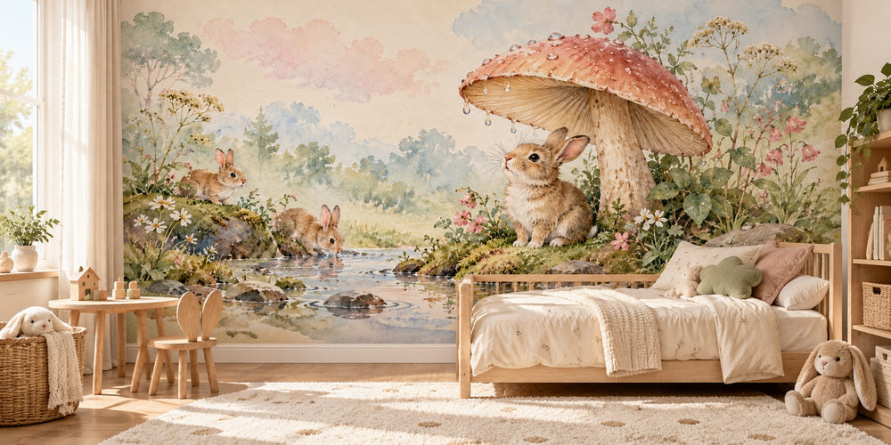 Watercolor After the Rain Bunny Wall Mural, image 1
