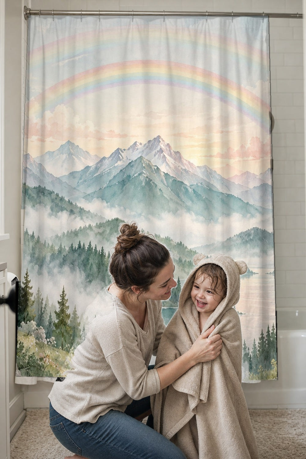 Foggy Forest Rainbow shower curtain, full front view of the 71 x 74 in fabric curtain