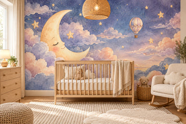 Watercolor Twilight Moon Hot Air Balloon Wall Mural, image 1