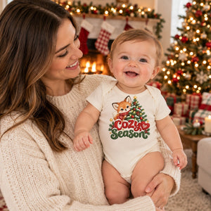 Child wearing the Cozy Season organic cotton baby bodysuit at Christmas