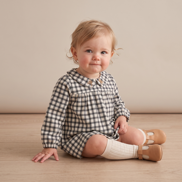 Organic Peter Pan Collar Dress - Charcoal Plaid
