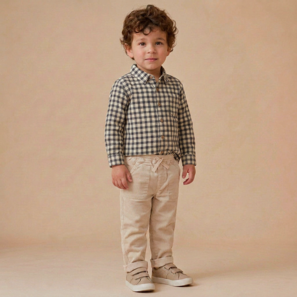 Organic Collared Long Sleeve Shirt - Charcoal Plaid