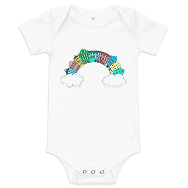 Charleston Rainbow Row Baby Onesie - Colorful short sleeve bodysuit for infants, perfect for playful outings.