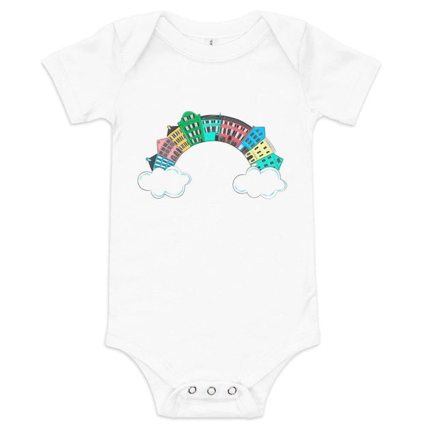 Charleston Rainbow Row Baby Onesie - Colorful short sleeve bodysuit for infants, perfect for playful outings.
