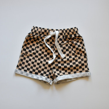 Brown and beige CHECK 'YA LATER SHORTS for babies and toddlers, stylish and comfortable outfit choice.