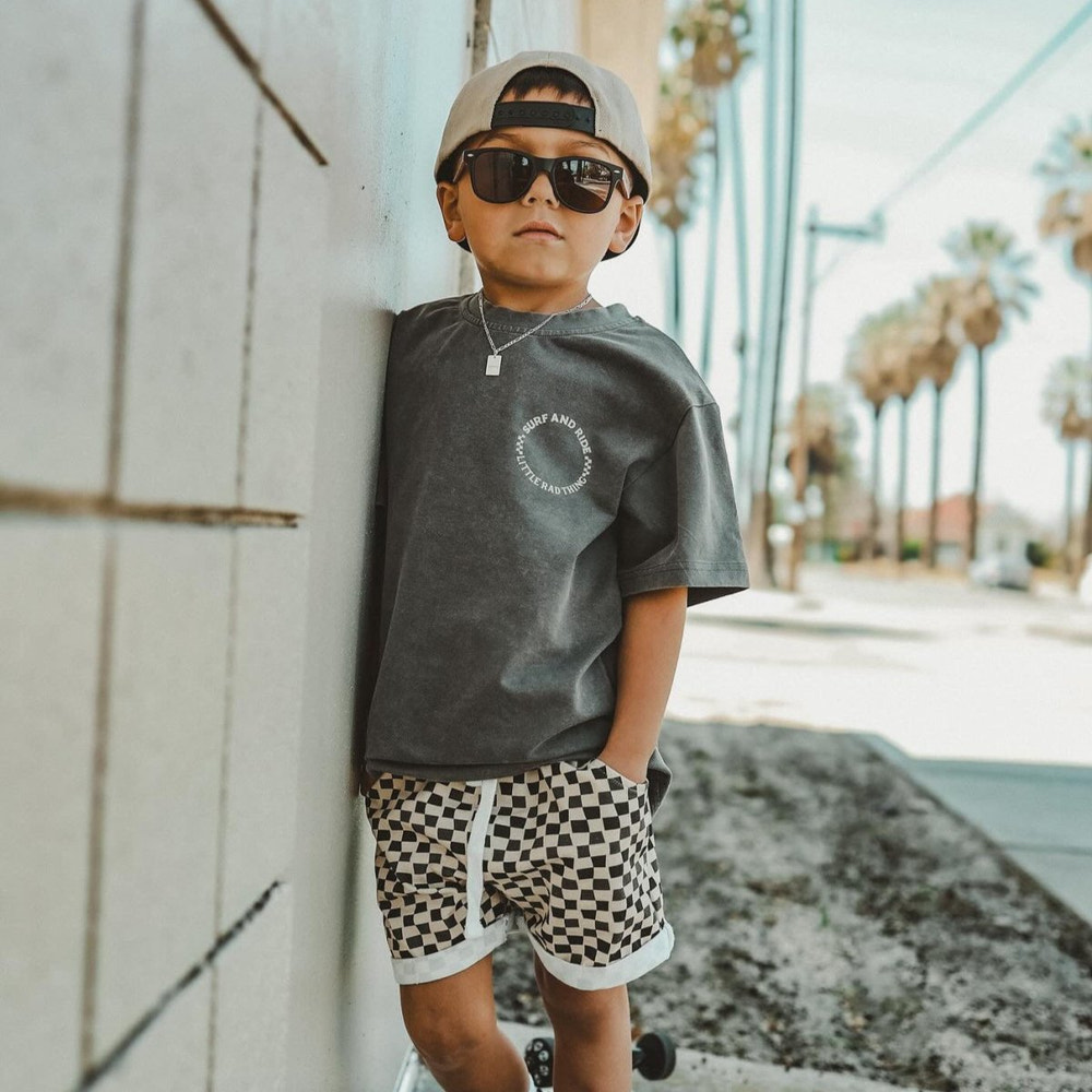 Brown and beige CHECK 'YA LATER SHORTS for babies and toddlers, stylish and comfortable outfit choice.