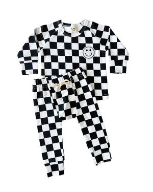 Checkered Smiley Lounge Set | Black - MOOGCO Baby