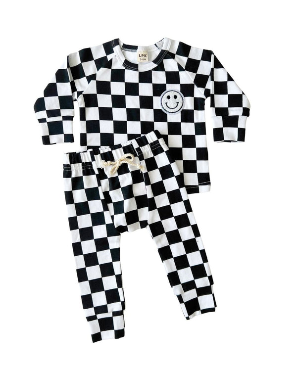 Checkered Smiley Lounge Set | Black - MOOGCO Baby