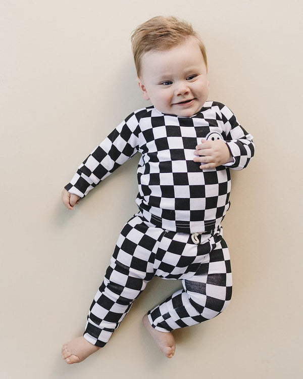 Checkered Smiley Lounge Set | Black - MOOGCO Baby