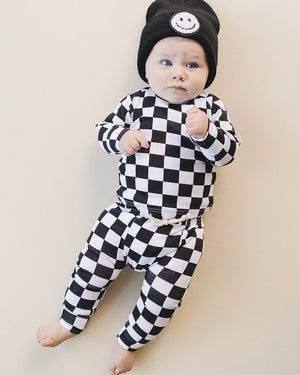 Checkered Smiley Lounge Set | Black - MOOGCO Baby