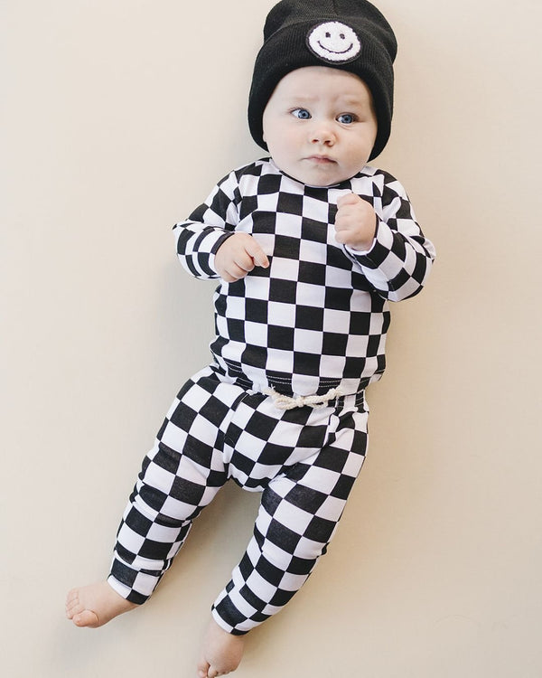 Checkered Smiley Lounge Set | Black - MOOGCO Baby