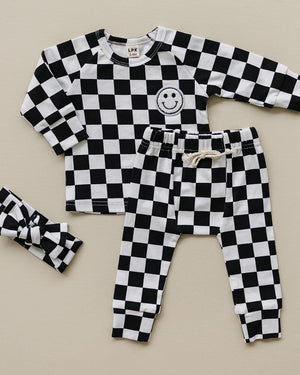 Checkered Smiley Lounge Set | Black - MOOGCO Baby