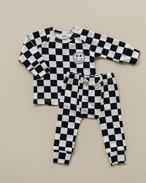 Checkered Smiley Lounge Set | Black - MOOGCO Baby