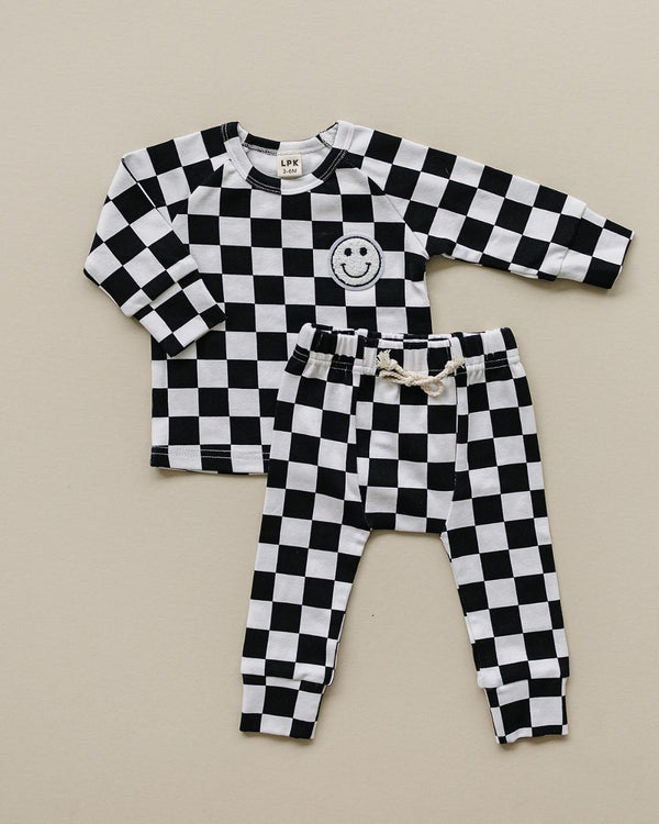 Checkered Smiley Lounge Set | Black - MOOGCO Baby