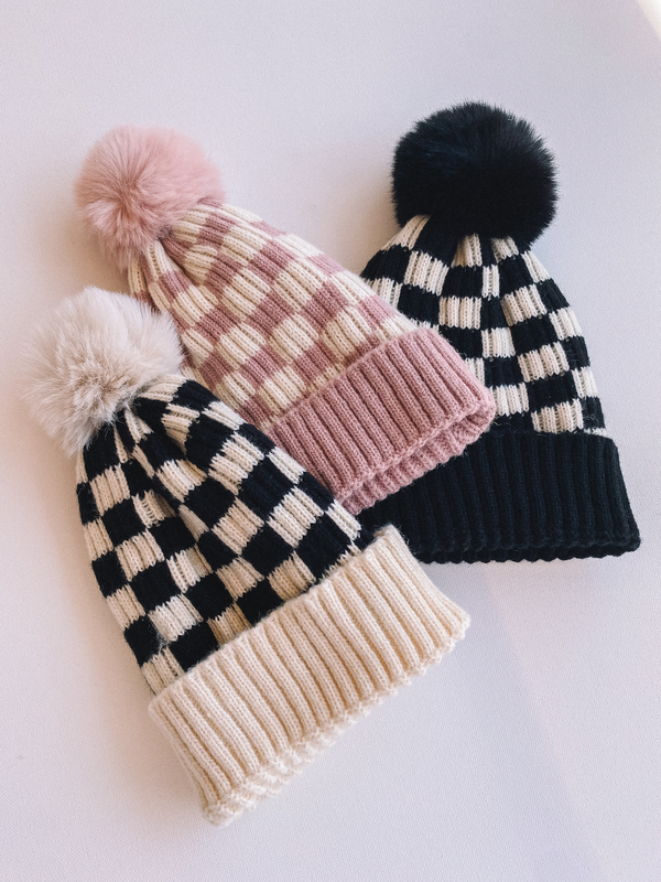 checkered pom beanie