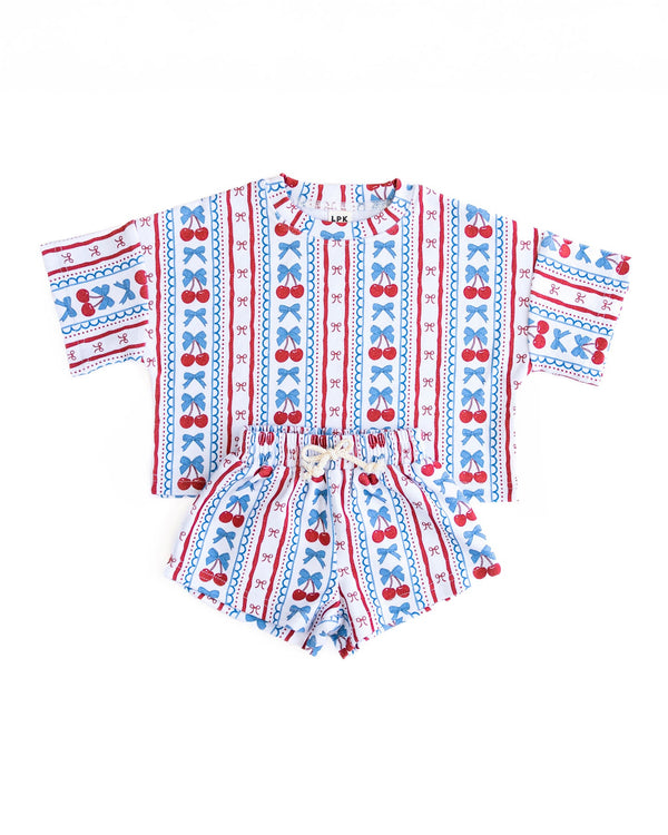 Baby shorts set featuring cherries and stripes, angle 11 view. Perfect for playful summer outfits.