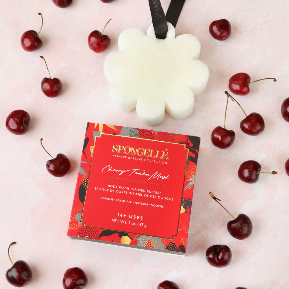 Cherry Tonka Musk Body Wash Infused Buffer in a beautifully boxed flower design for a luxurious bathing experience.