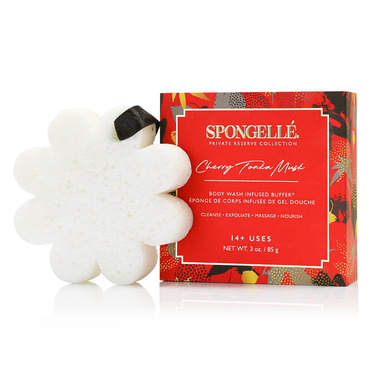 Cherry Tonka Musk Body Wash Infused Buffer in a beautifully boxed flower design for a luxurious bathing experience.