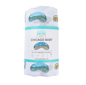 Gift Set: Chicago Baby Muslin Swaddle Blanket and Burp Cloth/Bib Combo Baby Shower Essential for Newborn